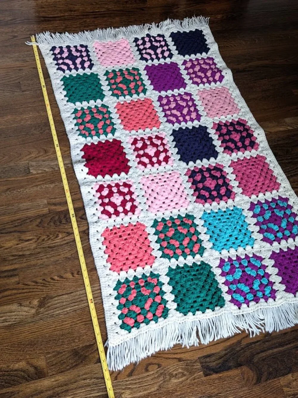 Handmade Crochet Granny Square Afghan Blanket Throw with Fringe 56